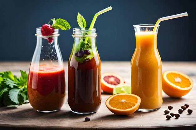 eine Flasche Saft neben einem Krug Erdbeeren und einem Krug Saft.