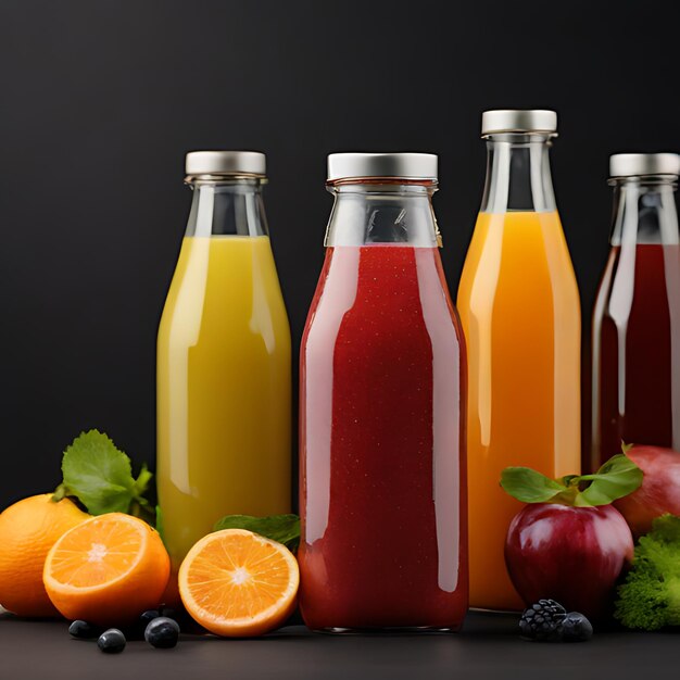 eine Flasche Saft neben zwei Flaschen Saft und Äpfeln