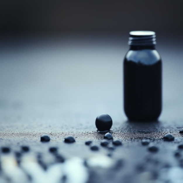 Eine Flasche schwarzer Flüssigkeit sitzt oben auf einem Tisch