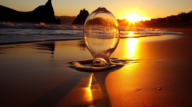 eine Flasche Seeschale sitzt bei Sonnenuntergang am Strand.