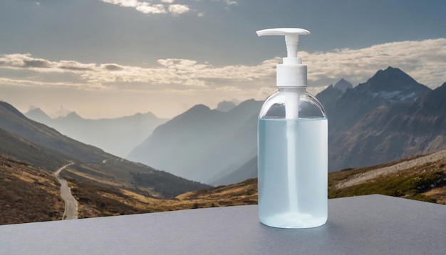 eine Flasche Seife mit einem Berg im Hintergrund