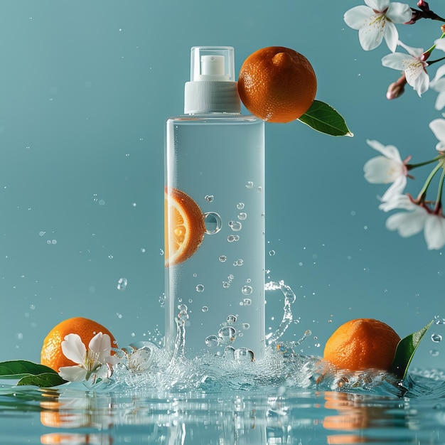 eine Flasche Shampoo in Wasser legen, Mandarinen, Orangen und Kirschblüten haben