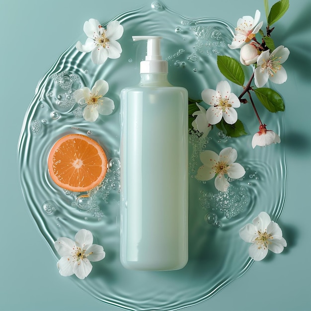 eine Flasche Shampoo in Wasser legen, Mandarinen, Orangen und Kirschblüten haben