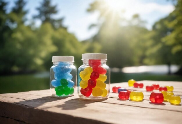 eine Flasche Süßigkeiten sitzt neben einem kleinen Glas Gummi-Süßigkeiten