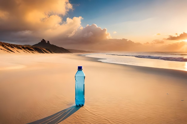 Eine Flasche Wasser am Strand mit einem Sonnenuntergang im Hintergrund.