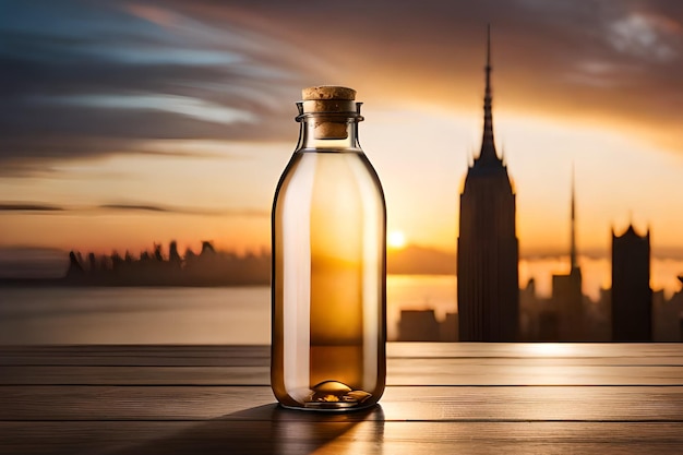 Eine Flasche Wasser aus Manhattan auf einem Tisch mit einem Sonnenuntergang im Hintergrund