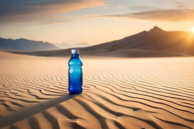 Eine Flasche Wasser in der Wüste mit Bergen im Hintergrund