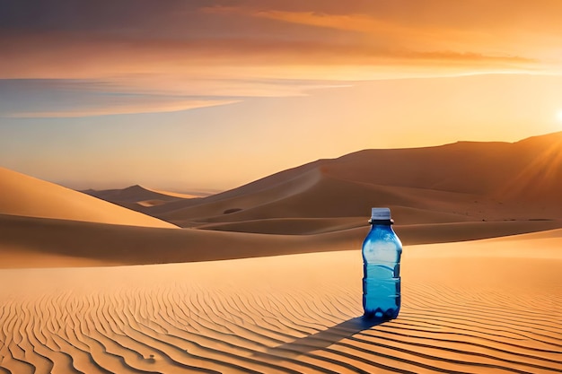 Eine Flasche Wasser in der Wüste mit einem Sonnenuntergang im Hintergrund.