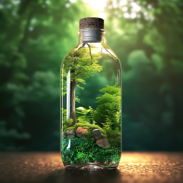 Eine Flasche Wasser mit einem grünen Erdwald im Inneren. Die Idee besteht darin, alte Plastikflaschen zu recyceln