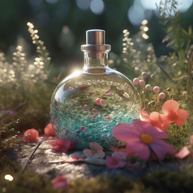 Eine Flasche Wasser mit einer Blume in der Mitte