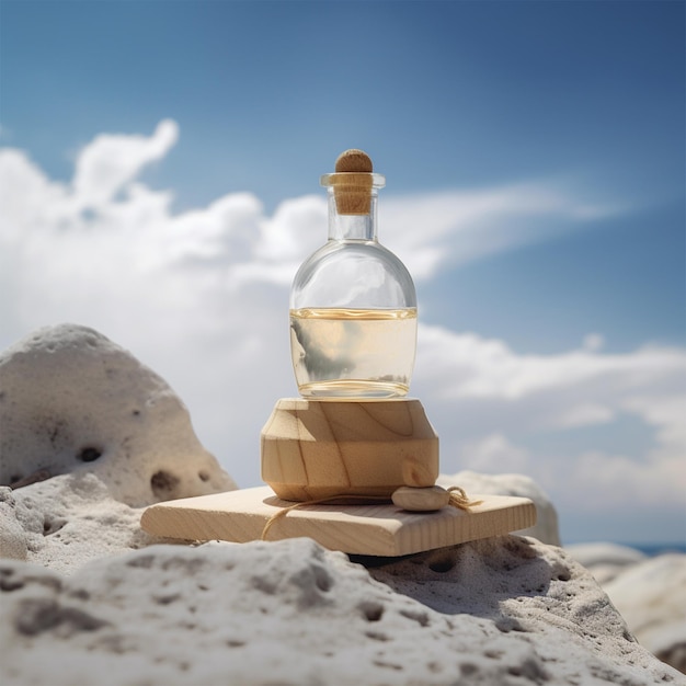 Eine Flasche Wasser steht auf einem Felsen mit einem Holzsockel und einem Holzgegenstand darauf.