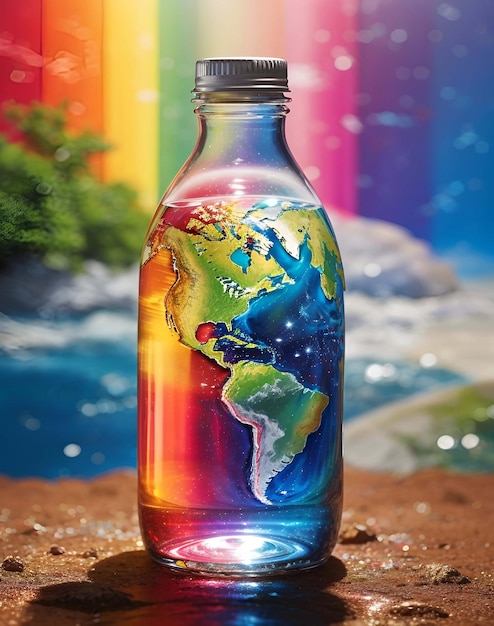 Eine Flasche Wasser, umgeben von einem schimmernden Regenbogen aus Farben vor dem Hintergrund einer unberührten Natur
