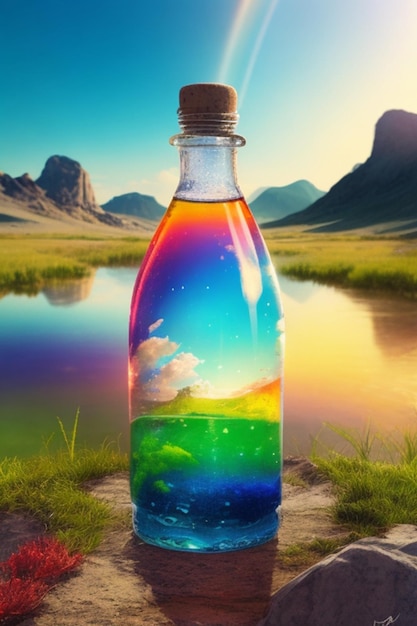 Eine Flasche Wasser, umgeben von einem schimmernden Regenbogen aus Farben vor dem Hintergrund einer unberührten Natur