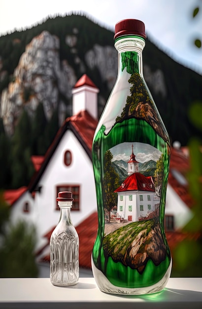 Eine Flasche Wein mit dem Bild eines Hauses auf der Vorderseite