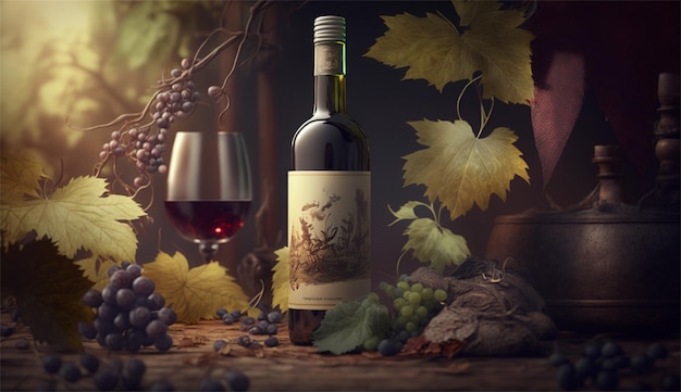 Eine Flasche Wein mit einem Glas Wein und Trauben im Hintergrund.