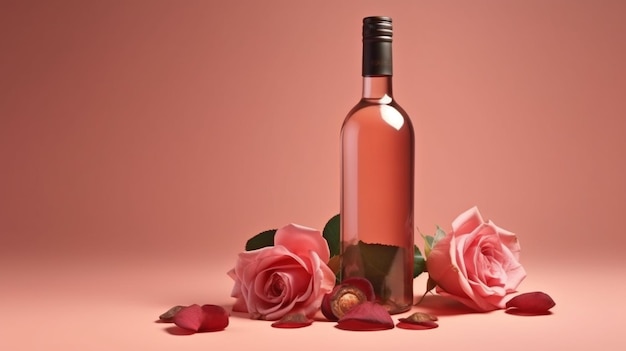 Eine Flasche Wein mit einer Rose auf der Unterseite der generativen ai