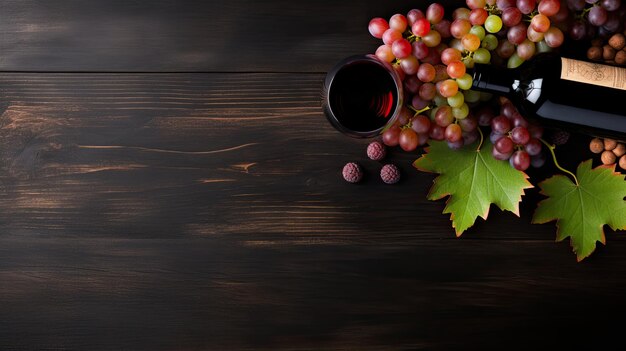 Eine Flasche Wein mit Gläsern und Trauben auf schwarzem Holzhintergrund