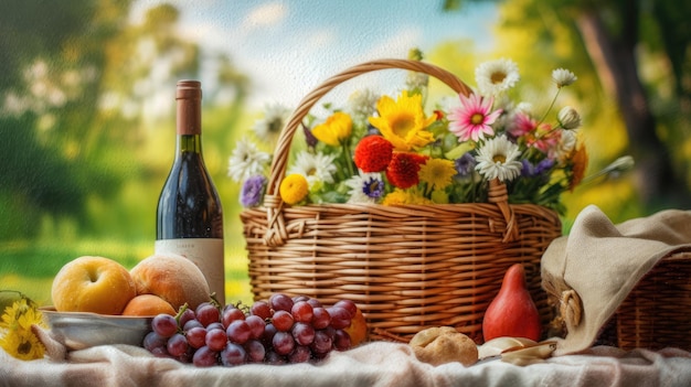 Eine Flasche Wein und ein Korb voller Blumen