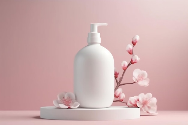 Eine Flasche weiße Lotion auf einem rosa Hintergrund mit Blumen.