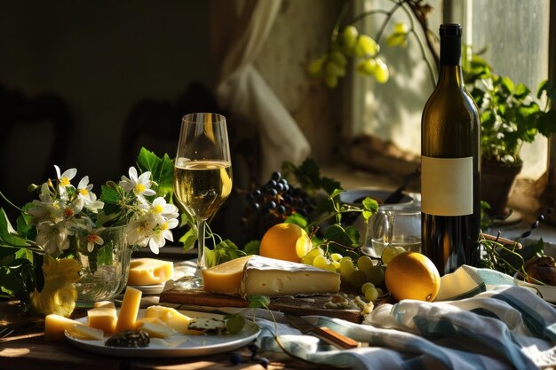 Foto eine flasche weißwein-käse-teller und blumen auf dem tisch