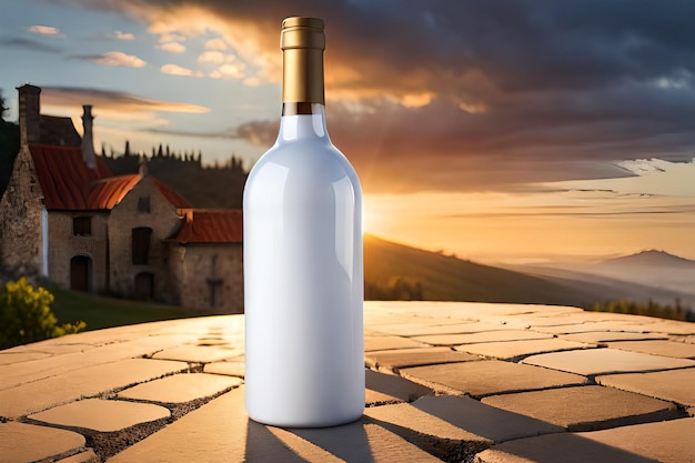 Eine Flasche Weißwein mit einem Sonnenuntergang im Hintergrund