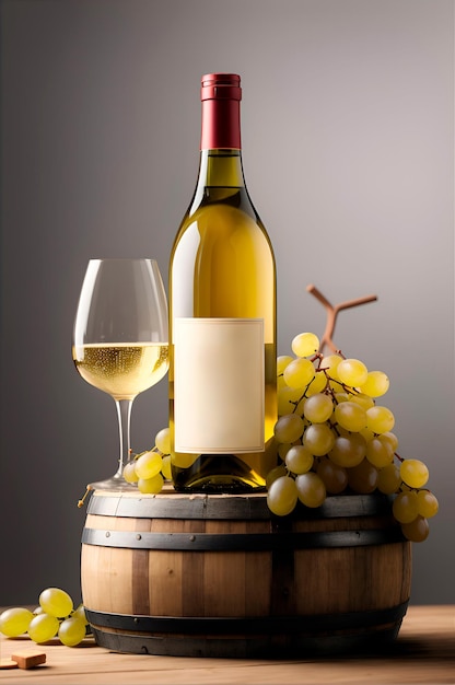 eine Flasche Weißwein mit Trauben und Käse um ihn herum oben auf einem Fass mit einem weißen