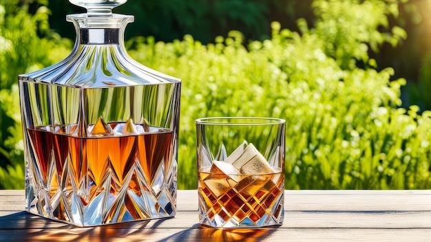 Foto eine flasche whiskey sitzt neben einem glas whiskey