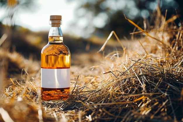 Foto eine flasche whiskey sitzt oben auf einem haufen heu