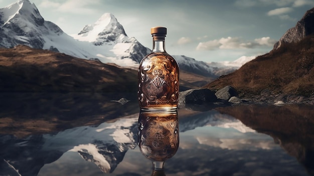 Eine Flasche Whisky mit einem Berg im Hintergrund