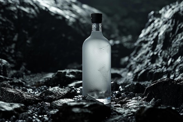 Eine Flasche Wodka steht auf einem Steinhaufen