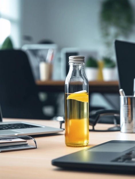 Eine Flasche Zitronengetränk auf einem Tisch im Büro mit einem Laptop