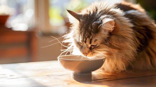 Eine flauschige Hauskatze isst bereitwillig aus einer Keramikschüssel in A.I.-generiertem Akitchen