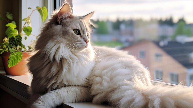 Eine flauschige Katze mit faszinierenden grünen Augen, die anmutig auf einer Fensterbank sitzt und die Welt beobachtet