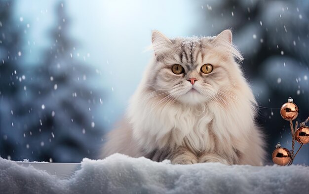 eine flauschige Katze mit gelben Augen sitzt im Schnee