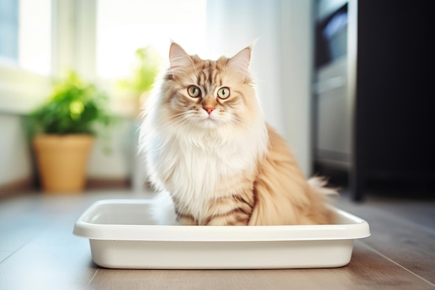 Eine flauschige Katze sitzt in einer Katzenplatte in der Toilette