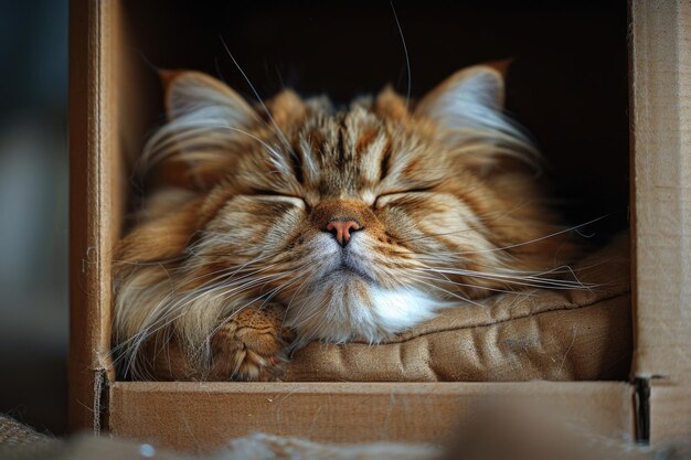 Eine flauschige Katze sitzt in einer Kiste mit geschlossenen Augen und sieht zufrieden aus