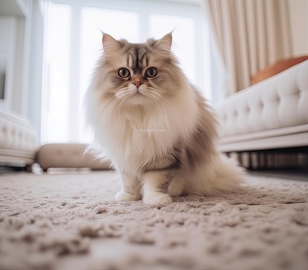 Eine flauschige Katze steht auf einem weißen Teppich in einer modernen Wohnung