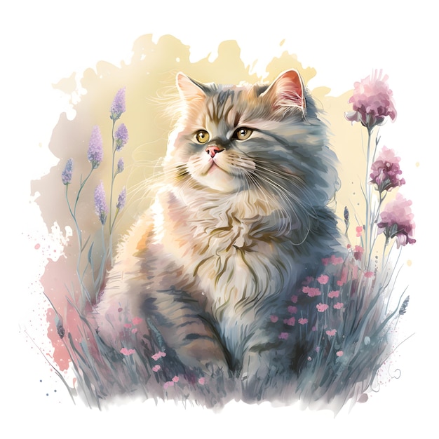 Eine flauschige Katze, umgeben von Blumen Aquarell Vektor Pastellfarbe weiche glatte Beleuchtung weiche Pastellfarben Generative Ai