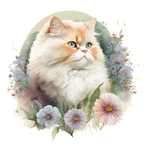 Eine flauschige Katze, umgeben von Blumen Aquarell Vektor Pastellfarbe weiche glatte Beleuchtung weiche Pastellfarben Generative Ai