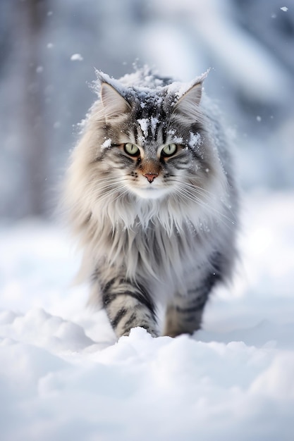 Eine flauschige Maine Coon-Katze im Schnee