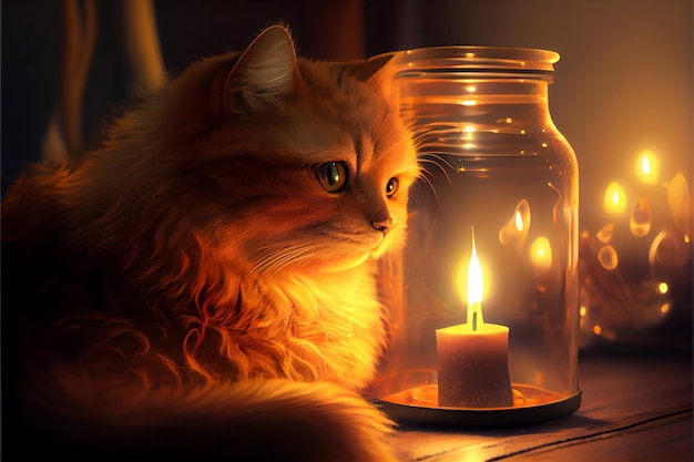 Eine flauschige rote Katze liegt abends beim Licht einer Kerze im Glas auf dem Boden
