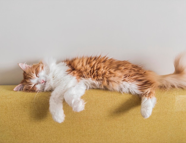 Eine flauschige rote Katze schläft auf der Rückseite eines gelben Sofas