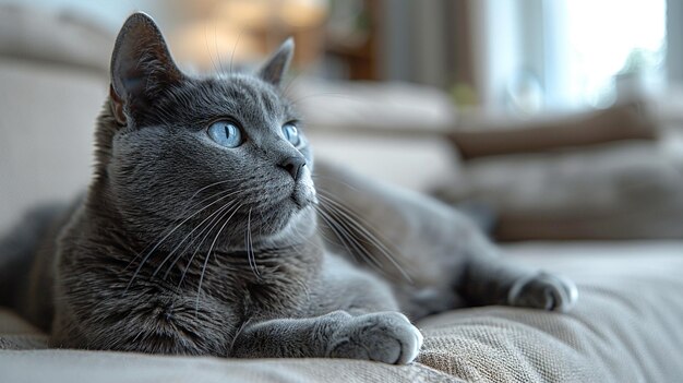 Eine flauschige schwarze Katze liegt auf dem Sofa im Wohnzimmer und kümmert sich um eine Haustierkatze