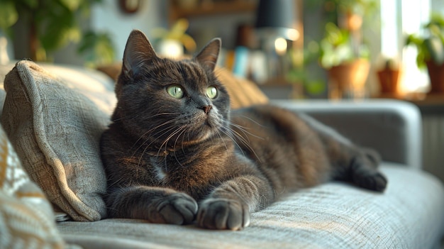 Eine flauschige schwarze Katze liegt auf dem Sofa im Wohnzimmer und kümmert sich um eine Haustierkatze