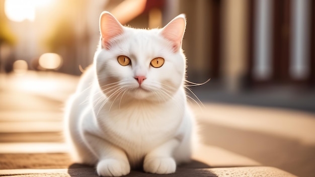 Eine flauschige weiße Katze liegt im Freien auf einer Fliese in den goldenen Strahlen der Sonne.