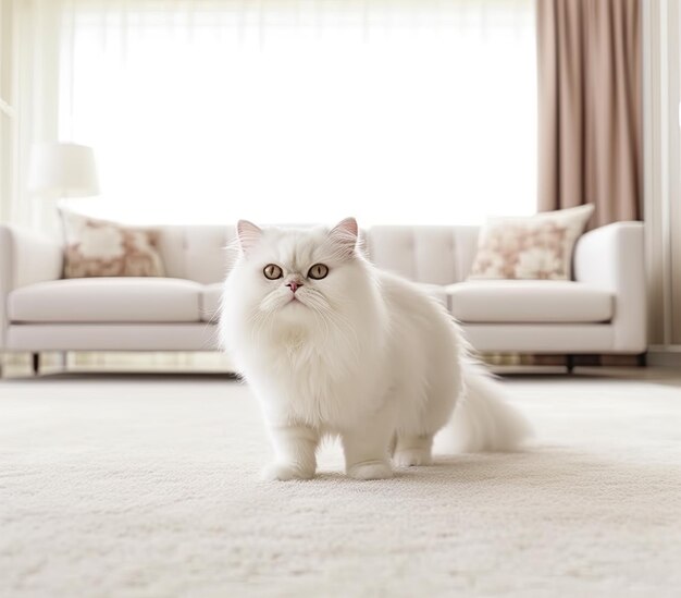 Eine flauschige weiße Katze steht auf einem weißen Teppich in einer modernen Wohnung