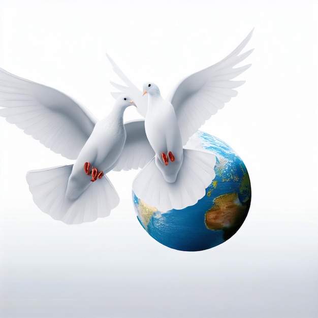 Eine fliegende weiße Taube mit Erdsymbol, Symbol des Weltfriedenstages