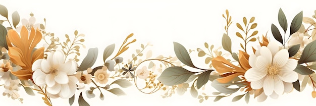 eine florale Bordüre mit Blättern und Blüten auf weißem Hintergrund. Abstrakter goldener Laubhintergrund mit