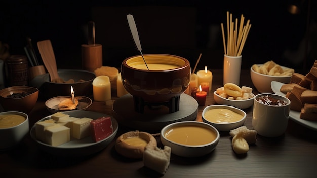 Eine Fondue-Party mit Käse und Schokolade ist die perfekte Gelegenheit für Freunde und Familie, sich zu einem köstlichen und interaktiven kulinarischen Erlebnis zu treffen, das von AI erstellt wurde