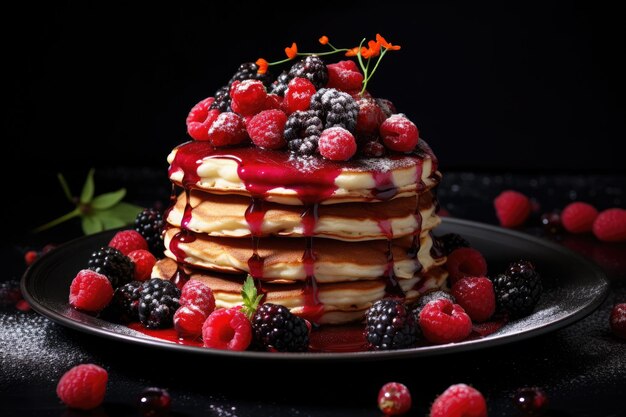 eine Food-Fotografie von Pfannkuchen mit Beeren, generative KI